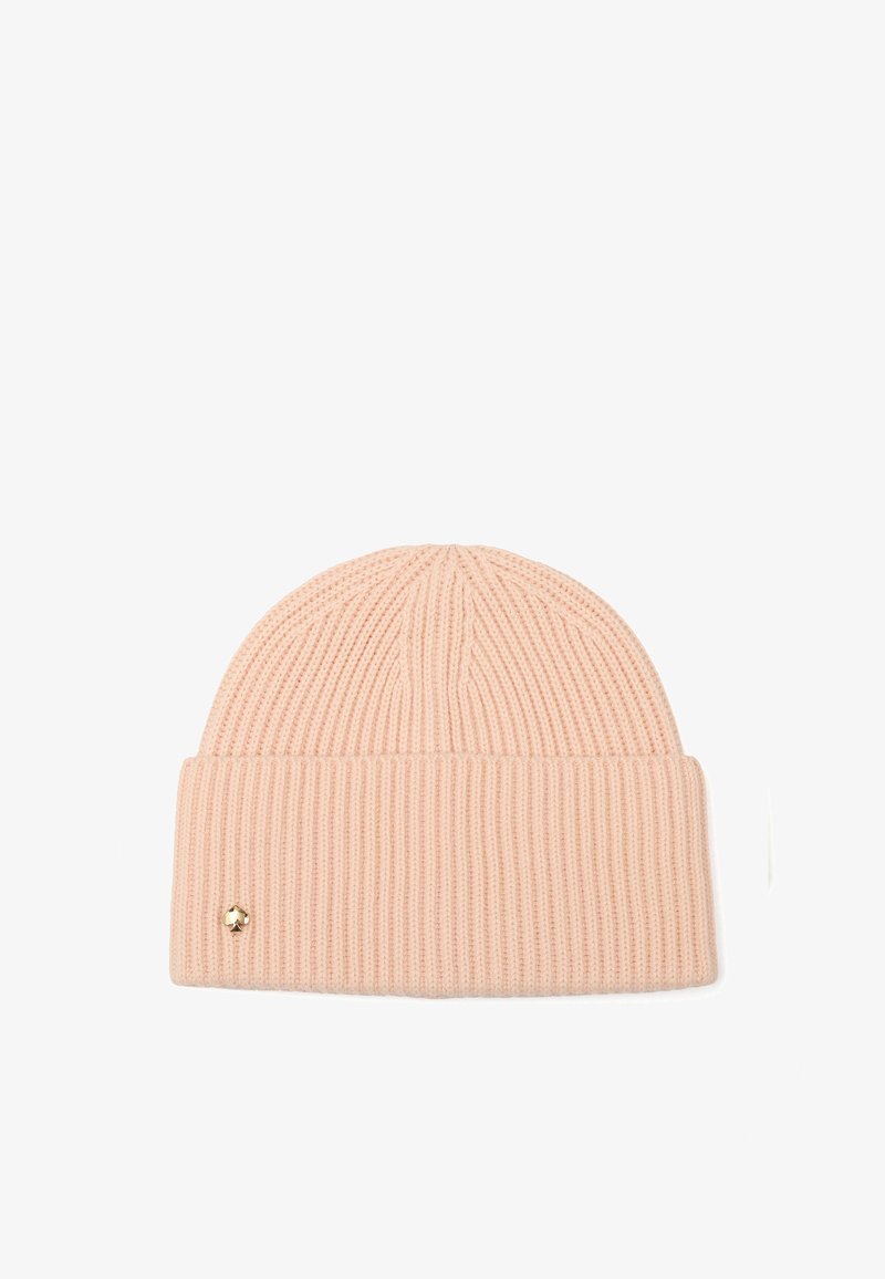 Neulepipo vaaleanpunaisena, jossa on käänne, ribbitetty pinta ja pieni kultainen metallinen logo sivussa.