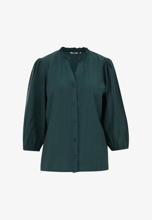 Ciemnozielona bluzka z puffowanymi rękawami, z zapięciem na guziki i teksturowaną tkaniną. Charakteryzuje się falbaniastym dekoltem i luźnym krojem.