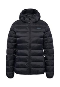 Czarna pikowana kurtka puchowa z kapturem, zapinana na zamek z przodu, z poziomym pikowaniem i subtelnym logo na piersi. Gładka faktura.