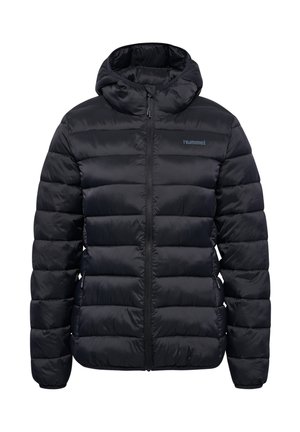 Zwarte donzen jas met capuchon, voorzien van een ritssluiting aan de voorkant, horizontaal doorgestikt ontwerp en een subtiel logo op de borst. Gladde textuur.