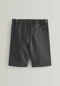 Gray fabric shorts with an elastic waistband, straight cut, and a single back pocket accent. Textured material adds a subtle pattern.