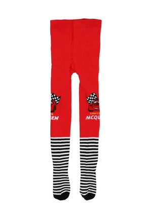 Rode maillot met een Lightning McQueen design, voorzien van een geblokt vlagaccent en zwart-witte gestreepte patronen bij de voeten.