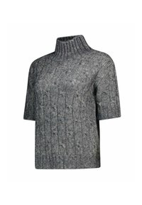 Maglione a collo alto a maniche corte in grigio scuro con pattern a trecce, caratterizzato da un colletto a costine e variazioni di texture in tutto il tessuto.
