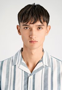 Jonge man met kort donker haar, gekleed in een wit shirt met verticale blauwe strepen, die recht vooruit kijkt met een neutrale gezichtsuitdrukking.