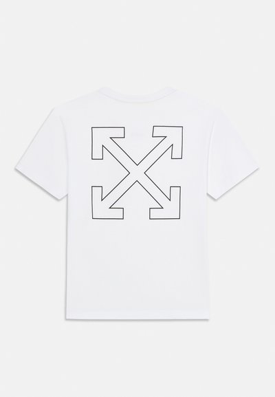 Λευκό κοντομάνικο μπλουζάκι με μαύρο περίγραμμα τεσσάρων βελών που δείχνουν προς τα έξω από το κέντρο στην πλάτη.