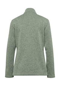 Groen, gestructureerde fleece pullover met lange mouwen en een hoge kraag. De achterkant toont een rechte snit en een gelijkmatige zoom.