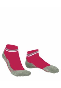 Czerwone sportowe skarpetki z szarym obcasem i palcami, posiadające krótki mankiet oraz białe paski akcentujące wokół otworu, zaprojektowane dla wygody i wsparcia.