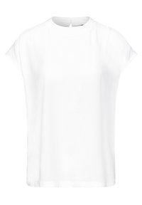 Top bianco a maniche corte realizzato in tessuto liscio, con scollatura arrotondata e una piccola apertura sul retro. Design semplice, senza motivi né dettagli.
