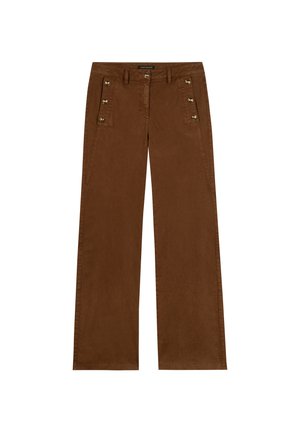 Braune Baumwollhose mit weitem Bein, ausgestattet mit metallischen Knöpfen an den Vorderentaschen. Glatte Textur und maßgeschneiderte Gestaltung.
