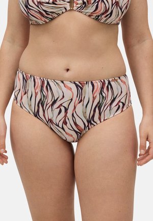 Parte inferior de bikini de tiro alto con un patrón de olas multicolor. Está hecha de un tejido suave con una textura delicada, que presenta sutiles detalles de costura lateral.