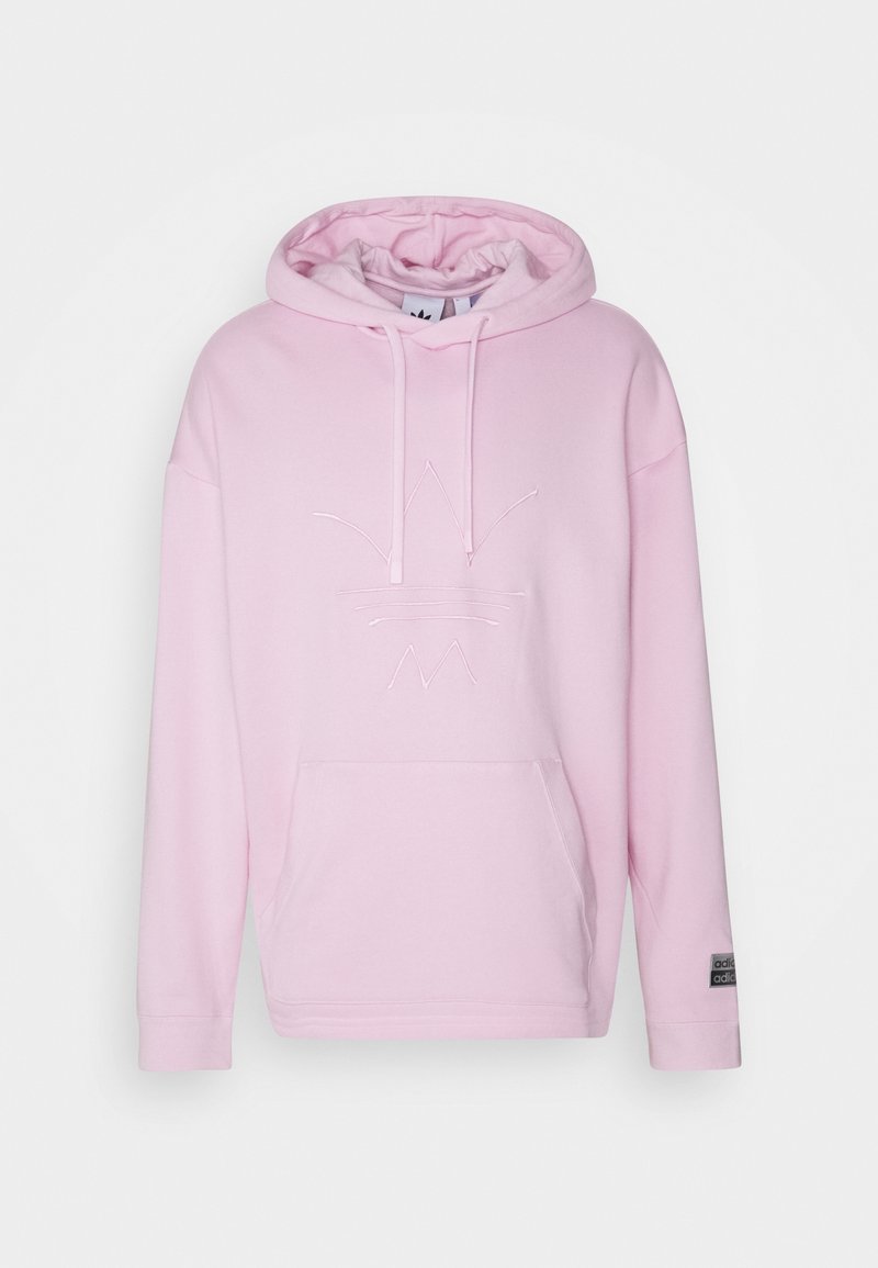 Felpa rosa realizzata in morbido tessuto, con una grande tasca frontale, cappuccio con cordino e dettaglio logo ricamato sul petto.