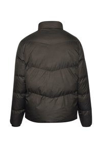 Sort pufferjakke med høj krave, med en quiltet design og vandret syninger. Glat tekstur og cropped længde.