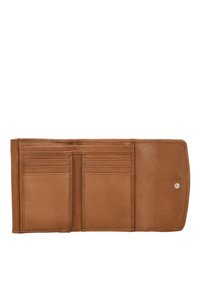 Bruine leren portemonnee, bifold ontwerp, meerdere kaartsleuven, gladde textuur en metalen drukknoopsluiting. Interieur is georganiseerd voor toegankelijkheid.