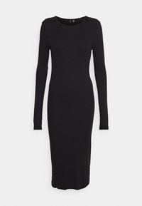 Svart, långärmad klänning i en figursydd trikå, med rund halsringning och midi-längd, med en slät yta och utan synliga mönster.