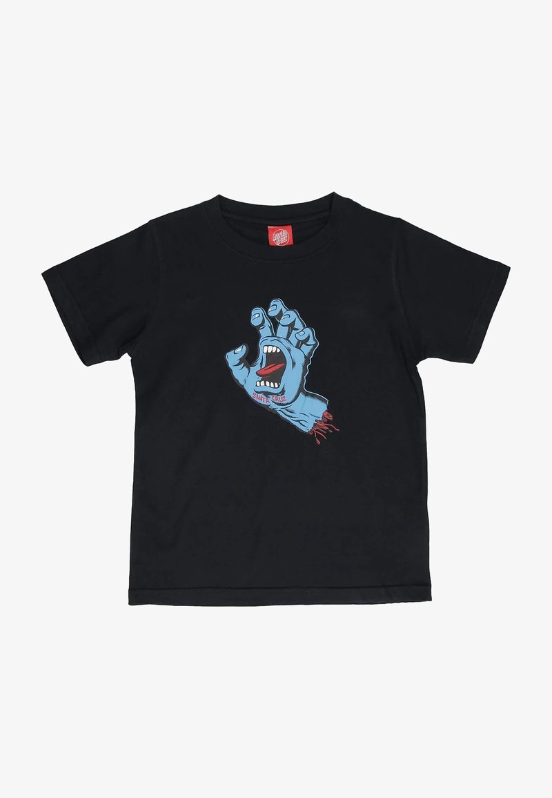 Must valge lühikese varrukaga T-särk, millel on keskel kujutatud sinist kisendavat zombikätt punaste aktsentidega ja keelega.