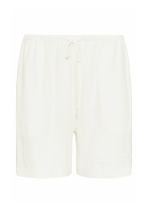 Weiße, leichte Leinenshorts mit elastischem Bund und Zugband. Gerader Schnitt und glatte Textur. Keine Muster oder sichtbare Beschläge.