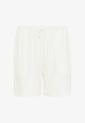 Valkoiset, kevyet pellavashortsit, joissa on joustava vyötärö ja nauhakuja. Suora leikkaus ja sileä tekstuuri. Ei kuvioita tai näkyvää varustusta.