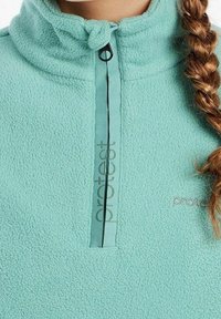 Pullover in pile azzurro chiaro con colletto alto, zip a quarti e dettaglio del logo frontale. Il tessuto sembra morbido con una finitura testurizzata.