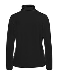 Black long-sleeve top with a funnel neck, made from smooth fabric. Features a fitted design, straight hem, and side slits for ease of movement.