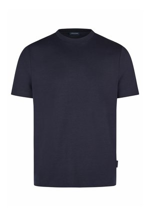 Effen donker marineblauw T-shirt met korte mouwen en ronde hals, voorzien van een klein zijlabel en zonder zichtbare patronen of logo's.