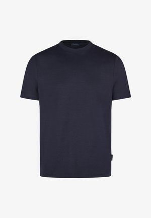 Effen donker marineblauw T-shirt met korte mouwen en ronde hals, voorzien van een klein zijlabel en zonder zichtbare patronen of logo's.