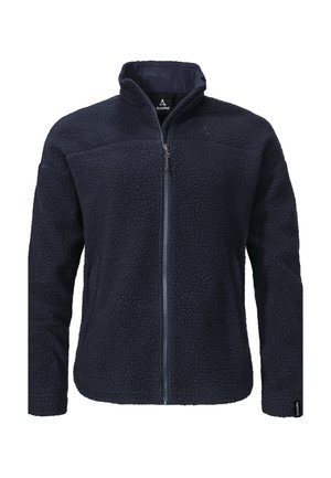 Navy fleece jacket, zippered front, high collar, textured fabric, elastic cuffs, brand logo on chest, ideal for warmth and comfort.