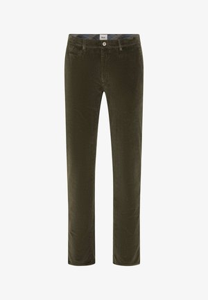 Olijfgroene corduroy broek met verticale strepen, uitgerust met een voorsluiting, een ritssluiting en een knopen sluiting. Glad textuur.