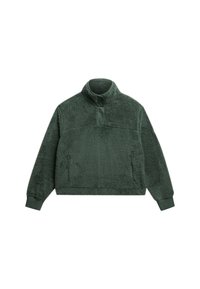 Groene fleece pullover met een hoge kraag, een knopenlijst aan de voorkant en twee ritssluitingen aan de zijkanten. Zachte textuur en een relaxte pasvorm.