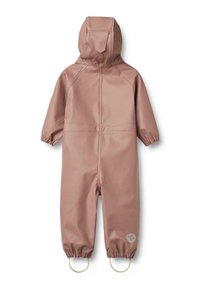 Carrera impermeabile rosa con cappuccio, polsini elasticizzati e un dettaglio con cinturino regolabile. Presenta un logo rotondo accanto alla gamba.