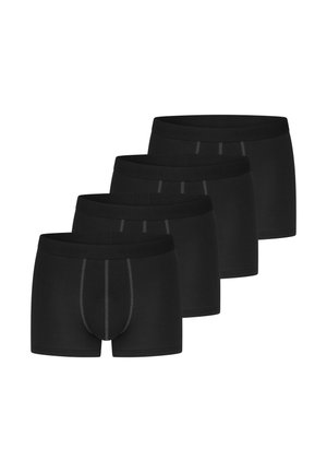 Quatre caleçons boxers pour hommes noirs avec des coutures grises, disposés en rangée décalée et superposée sur un fond blanc.