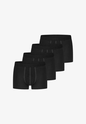 Quatre caleçons boxers pour hommes noirs avec des coutures grises, disposés en rangée décalée et superposée sur un fond blanc.