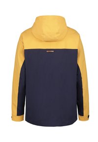 Giacca bicolore con la parte superiore gialla e la parte inferiore blu scuro. Include un cappuccio, polsini regolabili e un logo del marchio sul retro.