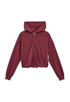 Korte hoodie met ritssluiting in donker bordeaux, lange mouwen en een grote capuchon, met geribbelde manchetten en een geplooide zoom.