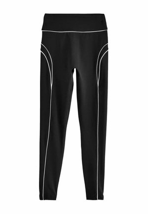 Leggings neri realizzati in un materiale elasticizzato, caratterizzati da piping bianco lungo le cuciture e una larga cintura elastica per una vestibilità ottimale.