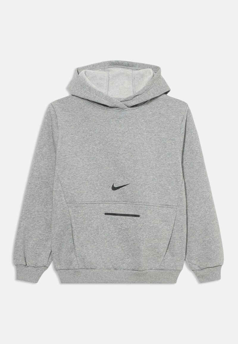 Sweatshirt cinzento de manga longa com capuz, com bolso frontal e pequeno logotipo preto da Nike centrado no peito.