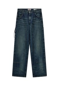 Denim-Hosen mit weitem Bein in dunkler Waschung. Ausgestattet mit mehreren Taschen, kontrastierendem Nähen und lockerer Passform. Reißverschlussakzente an den Seiten.
