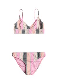 Conjunto de bikini a rayas que incluye un bralette triangular y braguitas de tiro medio. Los colores incluyen rosa, gris y crema con detalles en verde claro.