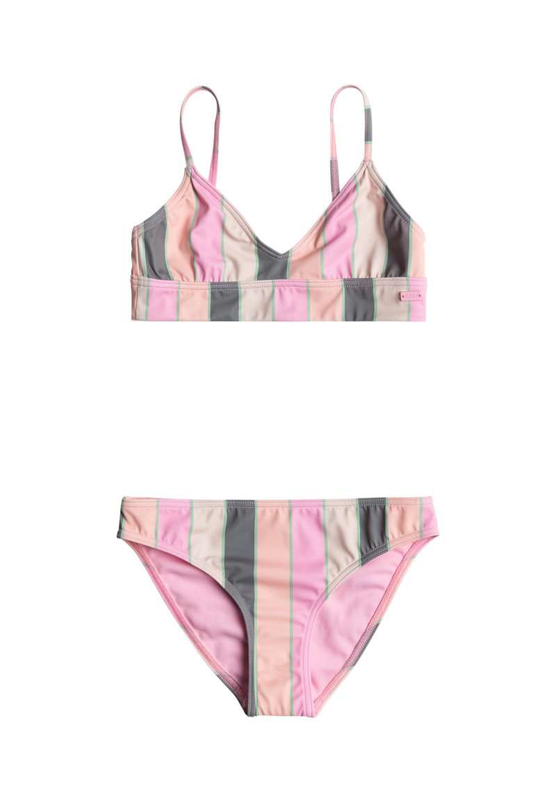 Conjunto de bikini a rayas que incluye un bralette triangular y braguitas de tiro medio. Los colores incluyen rosa, gris y crema con detalles en verde claro.