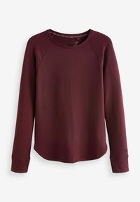 Burgunderfarbener Langarm-Sweatshirt mit rundem Halsausschnitt, Raglanärmeln und gerippten Bündchen. Hergestellt aus weichem, leichtem Stoff mit glatter Textur.
