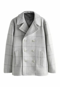 Harmaan hounds-tooth-kuosiset villakangastakki, kaksirivinen leveällä kauluksella, joka sisältää kuusi nappia ja sivutaskut. Rakennepintatyyli.