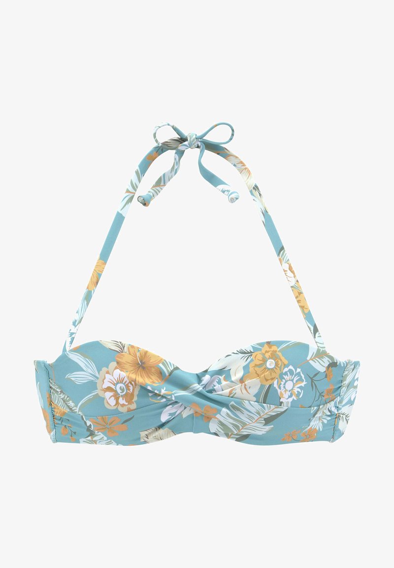 Top bikini floreale in acqua con fiori multicolori. Presenta legami al collo, design frontale attorcigliato e morbida texture. Adatto per nuotare.