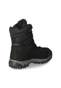 Schwarze Wanderschuhe mit hohem Schaft, Obermaterial aus Mesh und Synthetik, strukturiertes Gummilaufsohle und auffälligen Schnürsenkeln für einen sicheren Sitz.