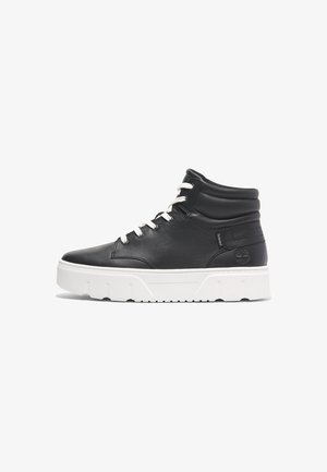 Black leather high-top sneaker with white rubber sole, featuring a round toe, lace-up front, and padded ankle for support.