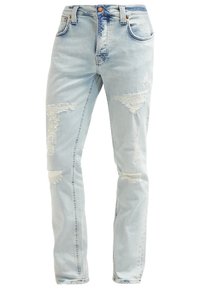 Light blue distressed jeans with frayed patches on thighs and knees, five-pocket style, and visible stitching details.