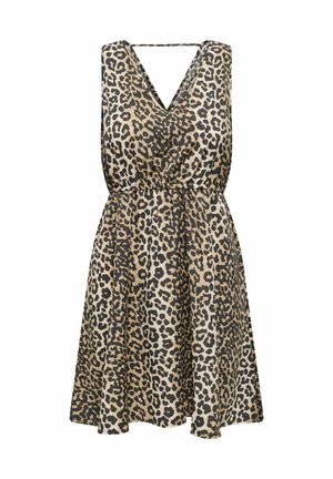 Rochie cu imprimeu leopard, cu decolteu în V, fără mâneci, talie strânsă și fustă lejeră. Culorile includ bej, negru și maro.