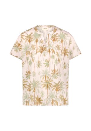 Short-sleeve, light pink blouse with green and brown palm tree print and a small V-neck opening at the collar.