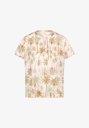Short-sleeve, light pink blouse with green and brown palm tree print and a small V-neck opening at the collar.