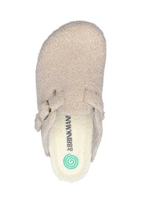 Beige, textured slipper with a fluffy finish and a back strap. It features a gold buckle and a soft lining with a brand logo.