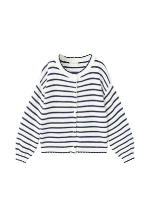 Cardigan en maille blanche avec des rayures horizontales bleu marine, col rond, manches longues et fermeture boutonnée à l'avant.