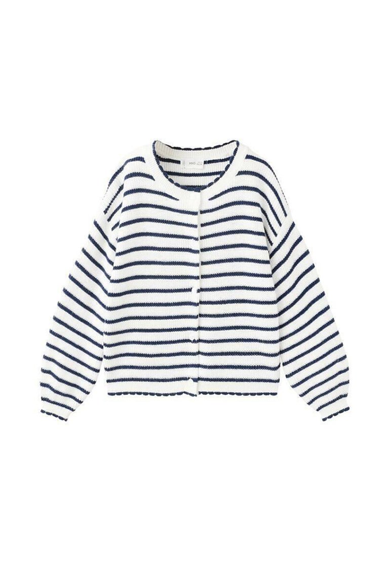 Weißer Strickcardigan mit navyblauen horizontalen Streifen, Rundhalsausschnitt, langen Ärmeln und vorderer Knopfleiste.